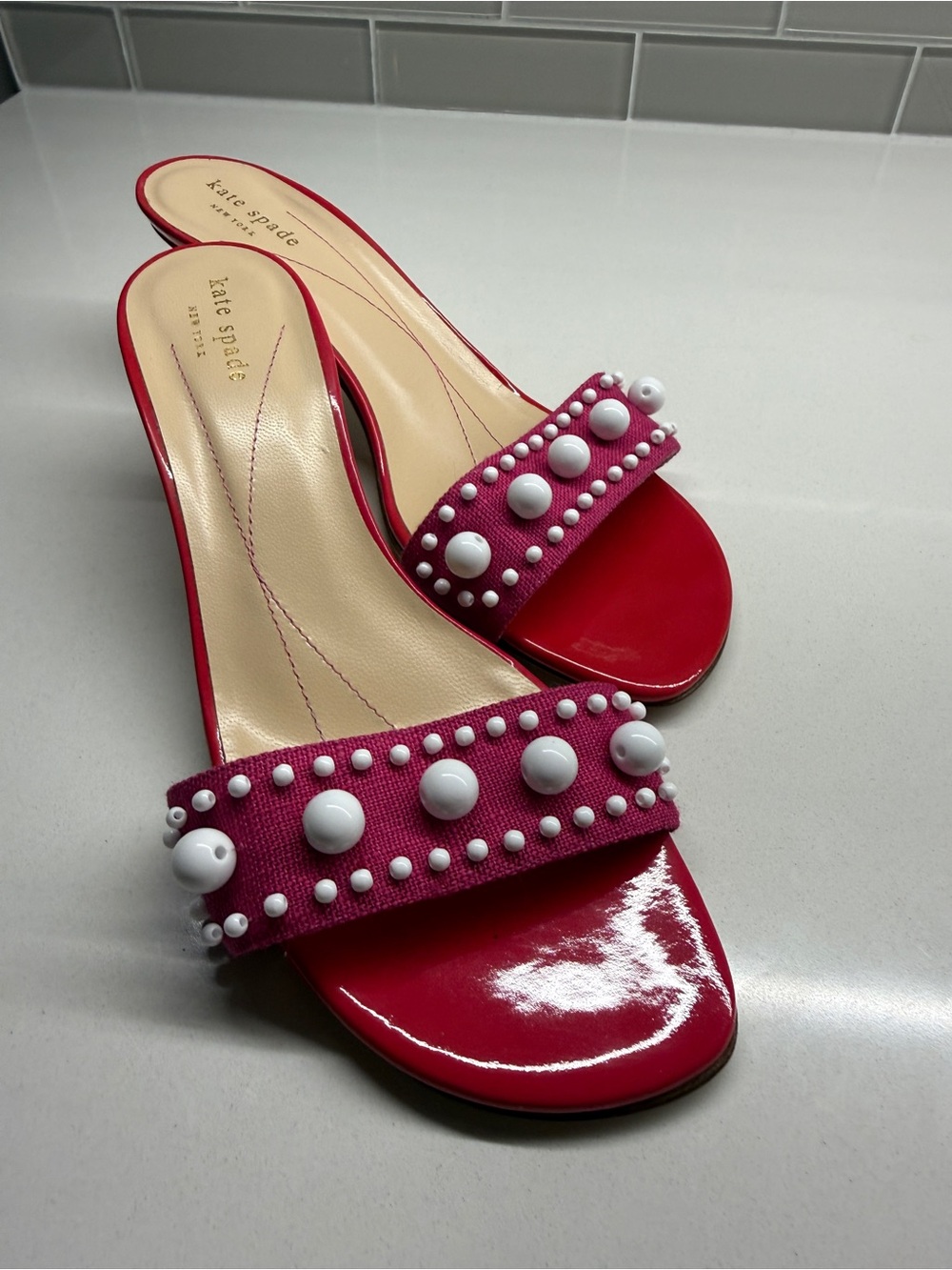 kate spade Hot Pink Patent Slide Sandals with White Bead Trim & kitten heel